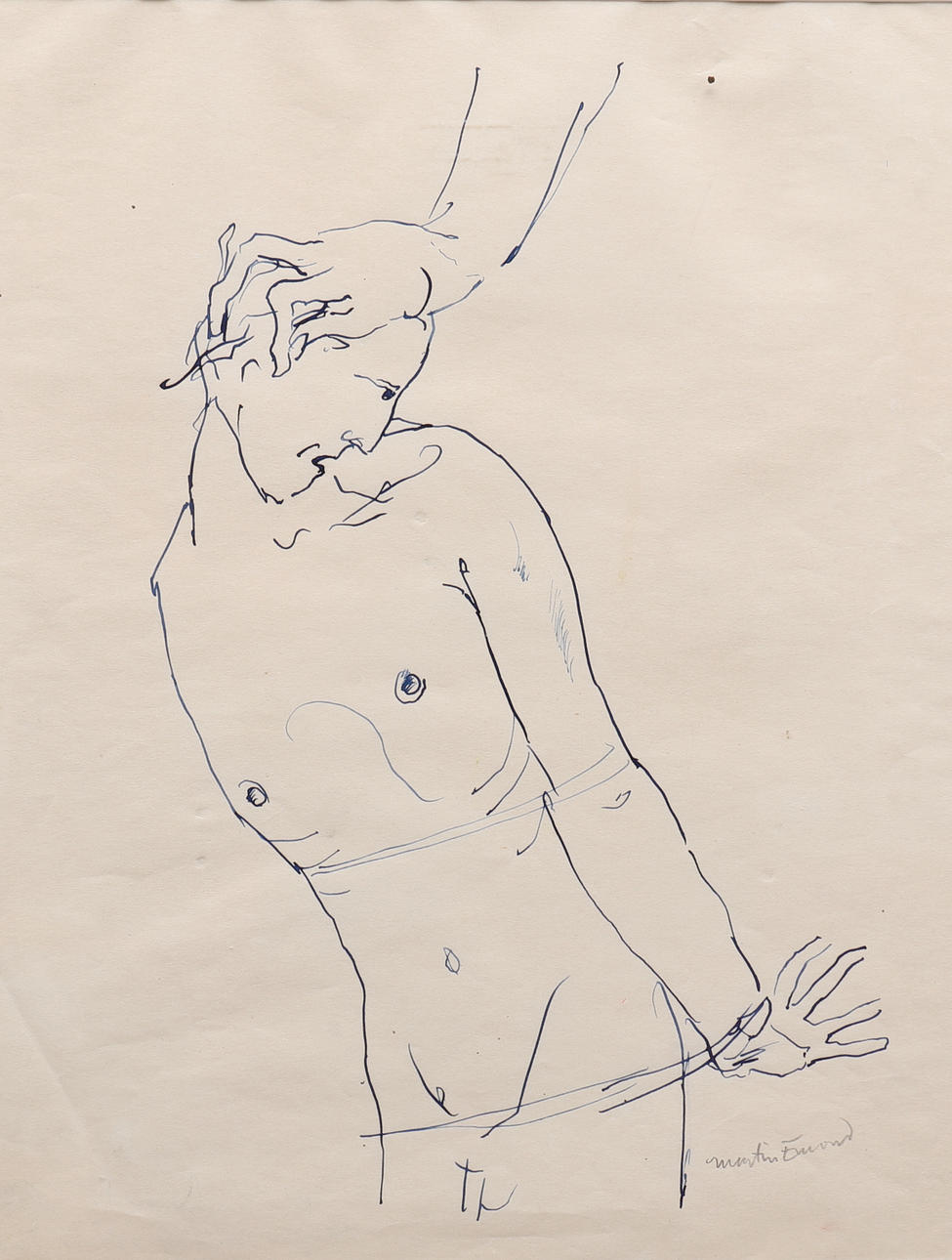 MARTIN EMOND. piirustus, muste, mies alaston työskentely, signeerattu.