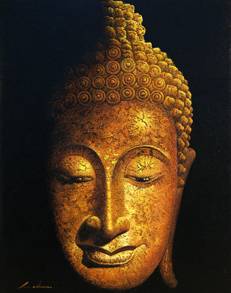 THAILÄNDISCHER KÜNSTLER. ”Sun Buddha.” Olja/duk på trä. 95 x 75 cm L. u. tecken.: Lokomotiv (?). ram.