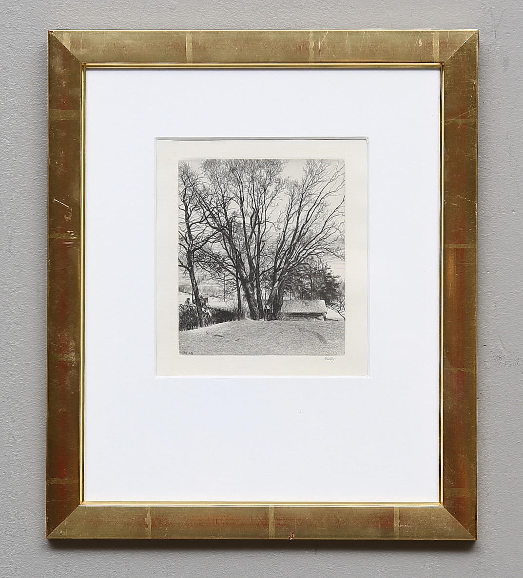 FOLKE GULLBY. "Vinterbild med den gamla sälgen ". Etsning. Nr 72, 1942. Signerad och daterad i plåten 42 samt blyertssignerad.