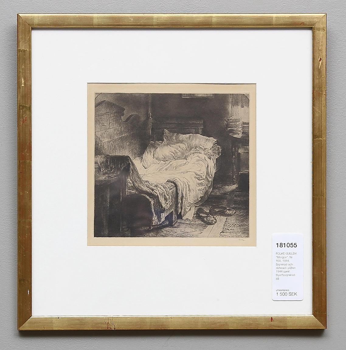 FOLKE GULLBY. "Morgon". Etsning. Nr 100, 1944. Signerad och daterad i plåten 1944 samt blyertssignerad.