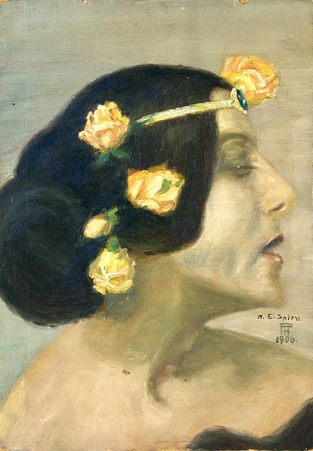 MONOGRAMMIST P.H. Art Nouveau porträtt. ”Porträtt av en ung dam i profil.” olja/målning kartong. 30,5 x 21 cm R. u. Monog. och dat.: P.H. /1906. Ovanför Monog. ref.: n. Spiro. A tergo Betit.: ”I rosor” 10 m. oramad.