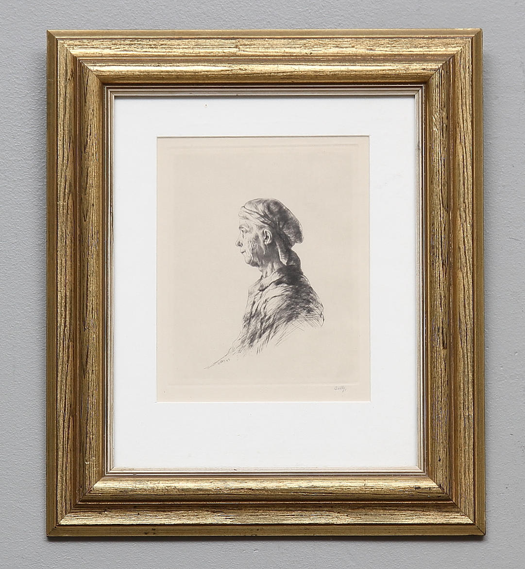 FOLKE GULLBY. "Mors profil". Etsning. Nr 136, 1949. Signerad och MEH-stämplad.