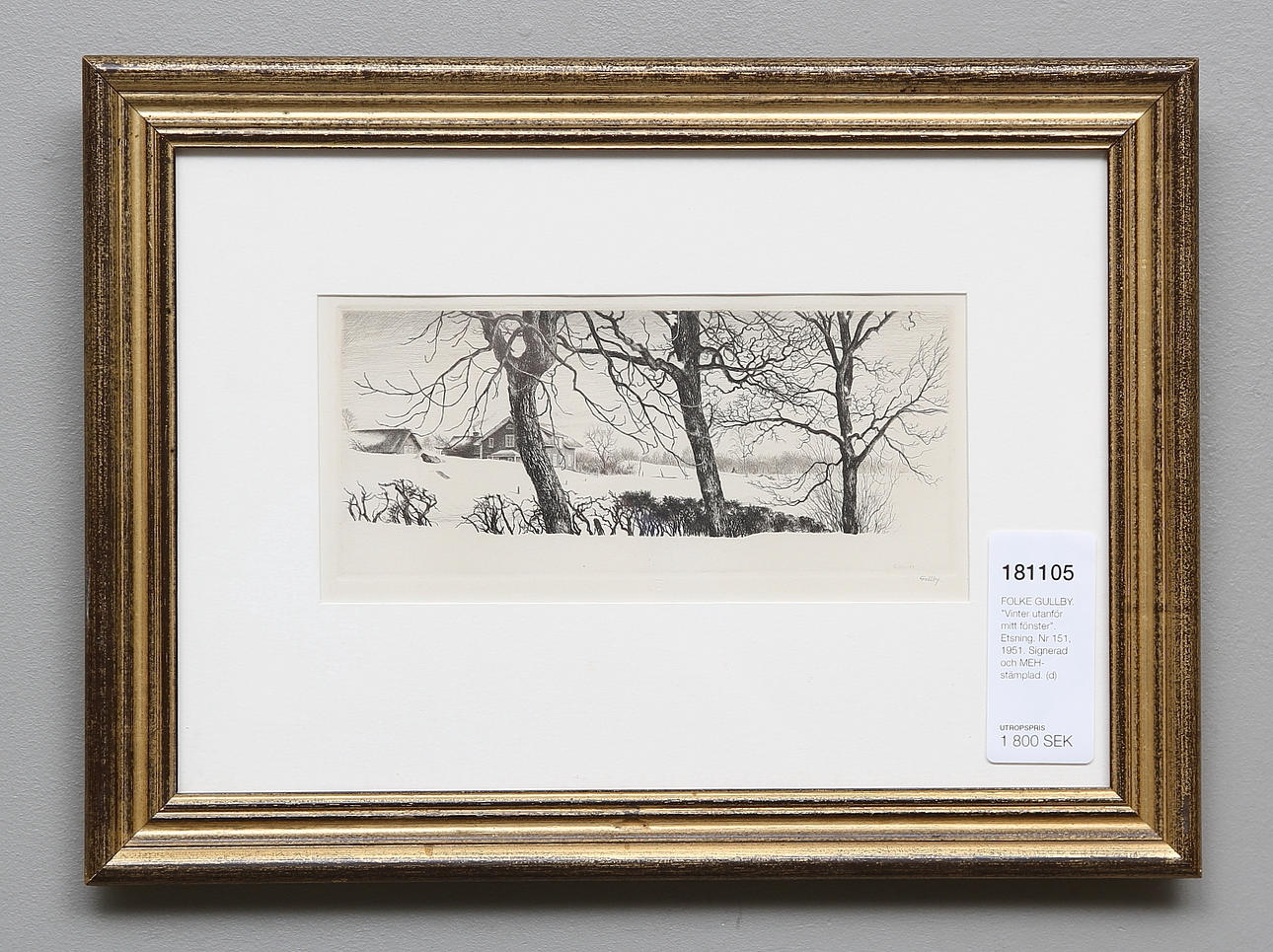 FOLKE GULLBY. "Vinter utanför mitt fönster". Etsning. Nr 151, 1951. Signerad och MEH-stämplad.