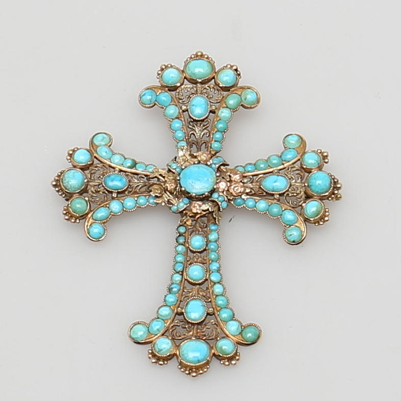 BROSCH i gulguld 14K med turkoser. Kors.