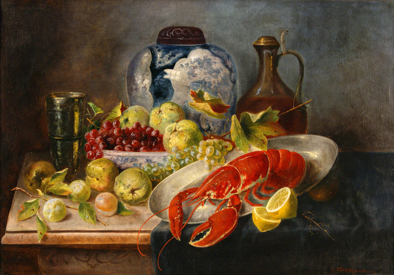 KÜNSTLER DES FRÜHEN 20. JAHRHUNDERTS. ”Stilleben med hummer och frukt.” olja/duk. 70,5 x 100 cm R. och dat. och underteckna.: 19 J. schaffarik 19. ram.