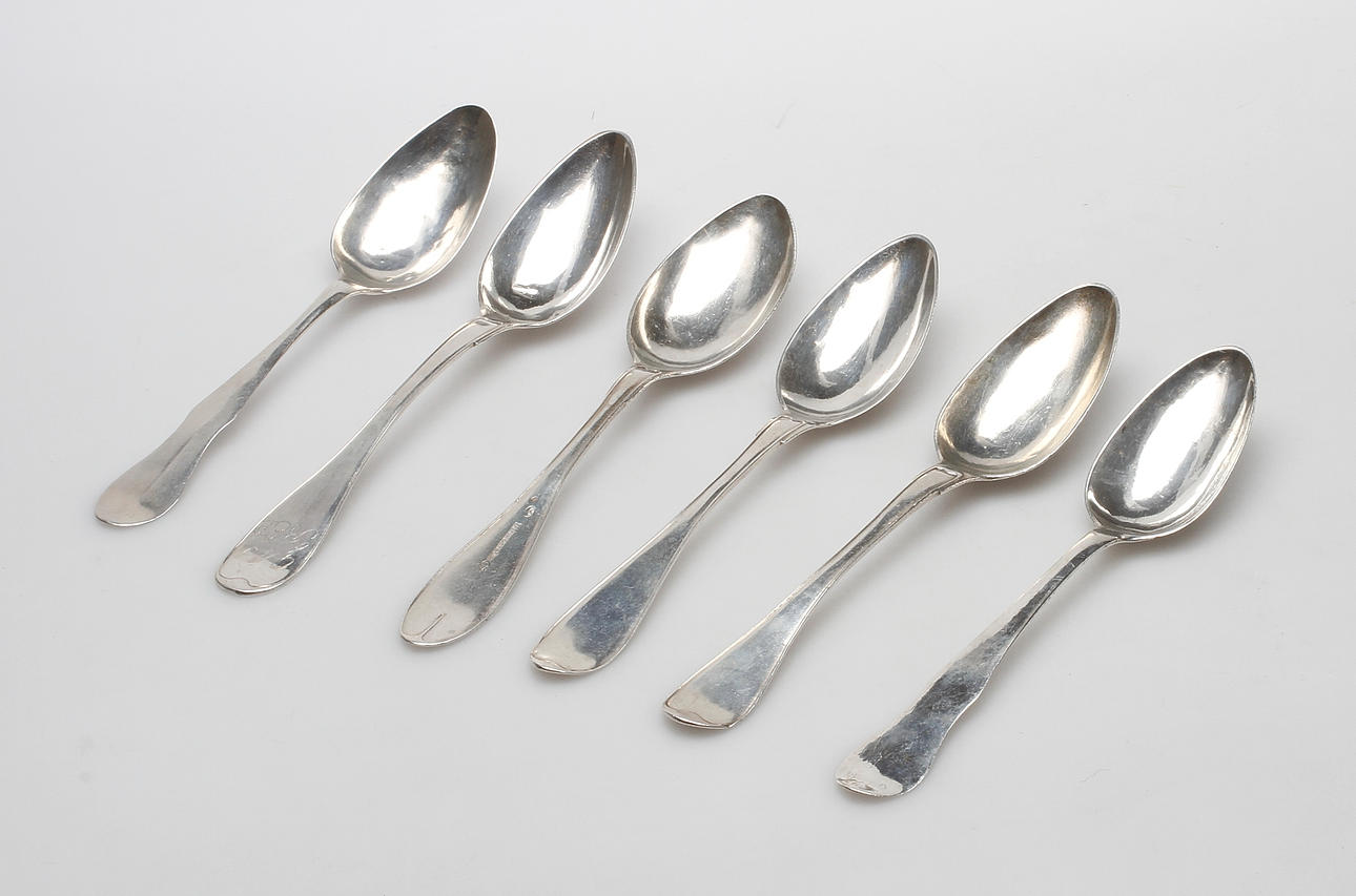 MATSKEDAR, 6 st, silver, tidigt 1800-tal, vikt ca. 296 gram.