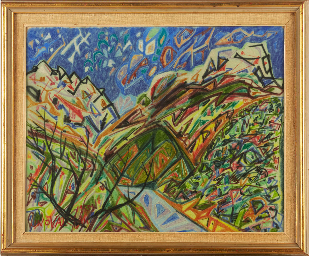 UNO WALLMAN (1913-2004): Landscape composition, signed Uno Vallman, crayon on paper, approx. 50x63 cm.