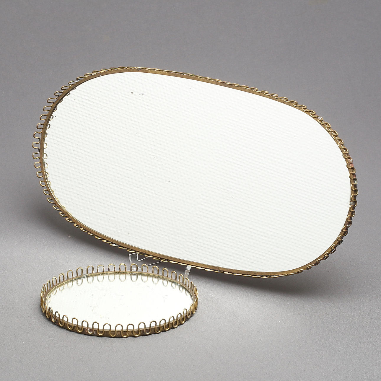 TABLE PLATES, 2 pcs, brass, labeled, 1940s/50s.