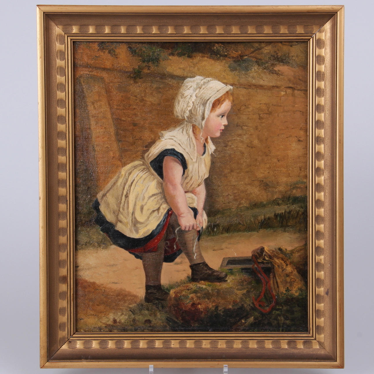 OIDENTIFIERAD KONSTNÄR. olja på duk, liten flicka, 1800-tal.