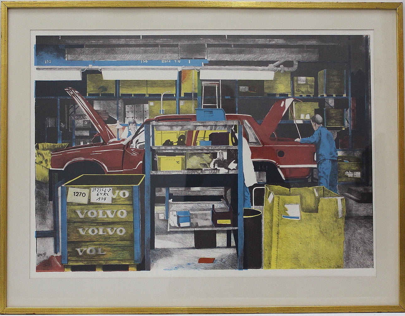 OIDENTIFIERAD KONSTNÄR. litografi, Volvo`s löpande band, 1980-talet ej signerad.