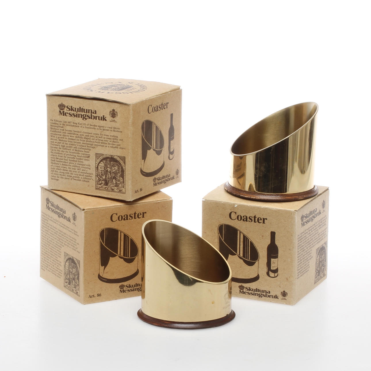 COASTERS, 5 st, mässing samt trä, Skultuna.