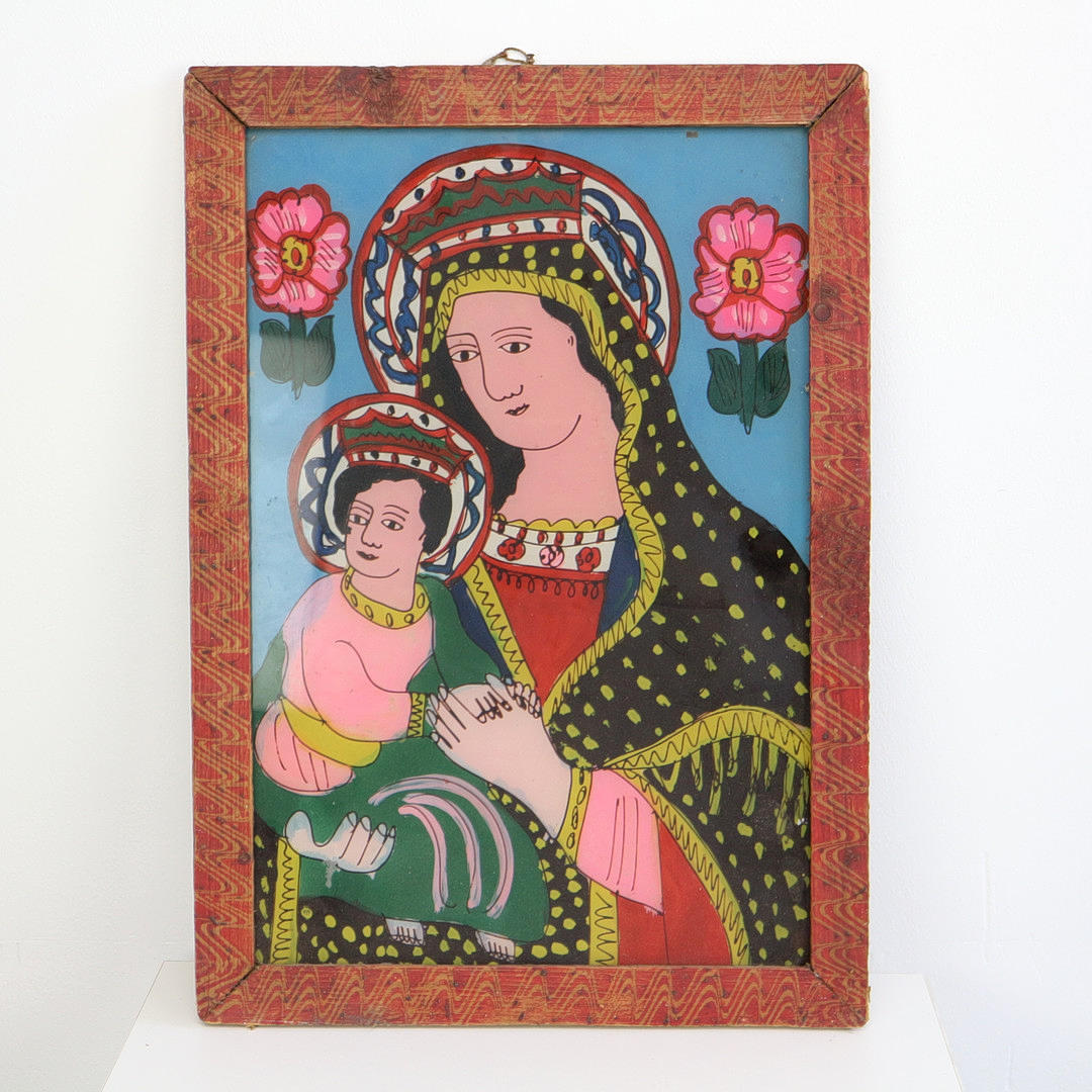 RUSSISCHE HINTERGLASMALEREI MARIA MIT KIND ANTIK.