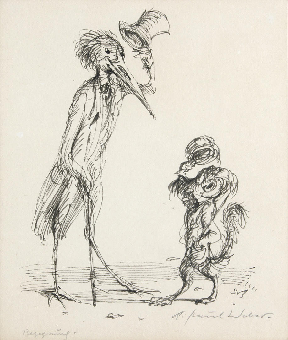 WEBER, ANDREAS PAUL. ”Stöta på.” penna/papper 22,3 x 19,2 cm ”A. Paul Weber” signerad nere till höger. Med titeln nere till vänster. Inramad under glas.