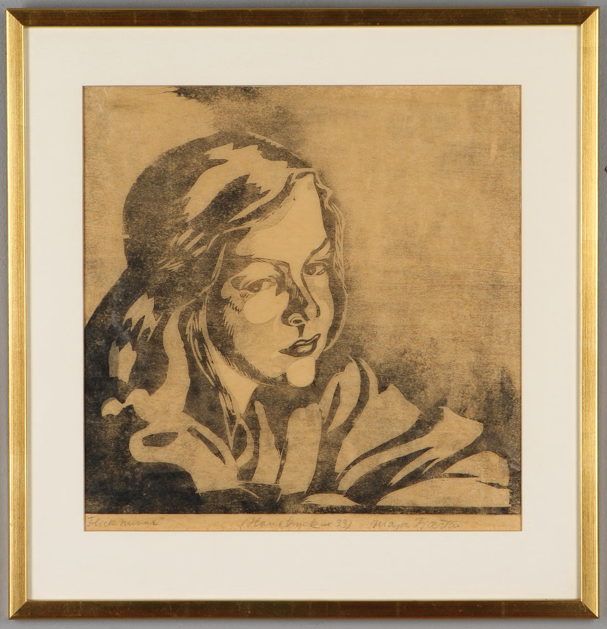MAJA FJAESTAD. "Flickhuvud", träsnitt, signerad.