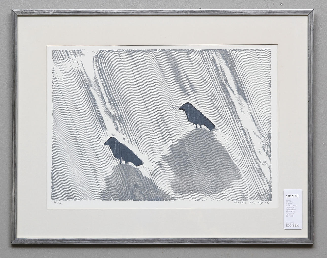 BERTIL ALMLÖF. "Kråkor i regn". Färgträsnitt. Signerad och daterad -82. Numrerad 32/40.