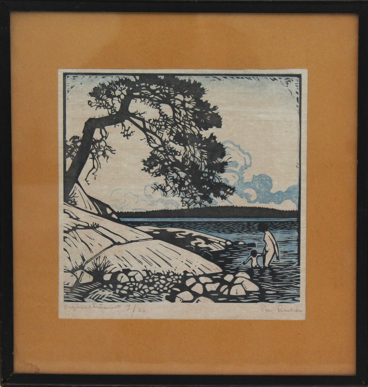 PER FISCHER. Badplatsen. Färgträsnitt. Signerad. 7/60.