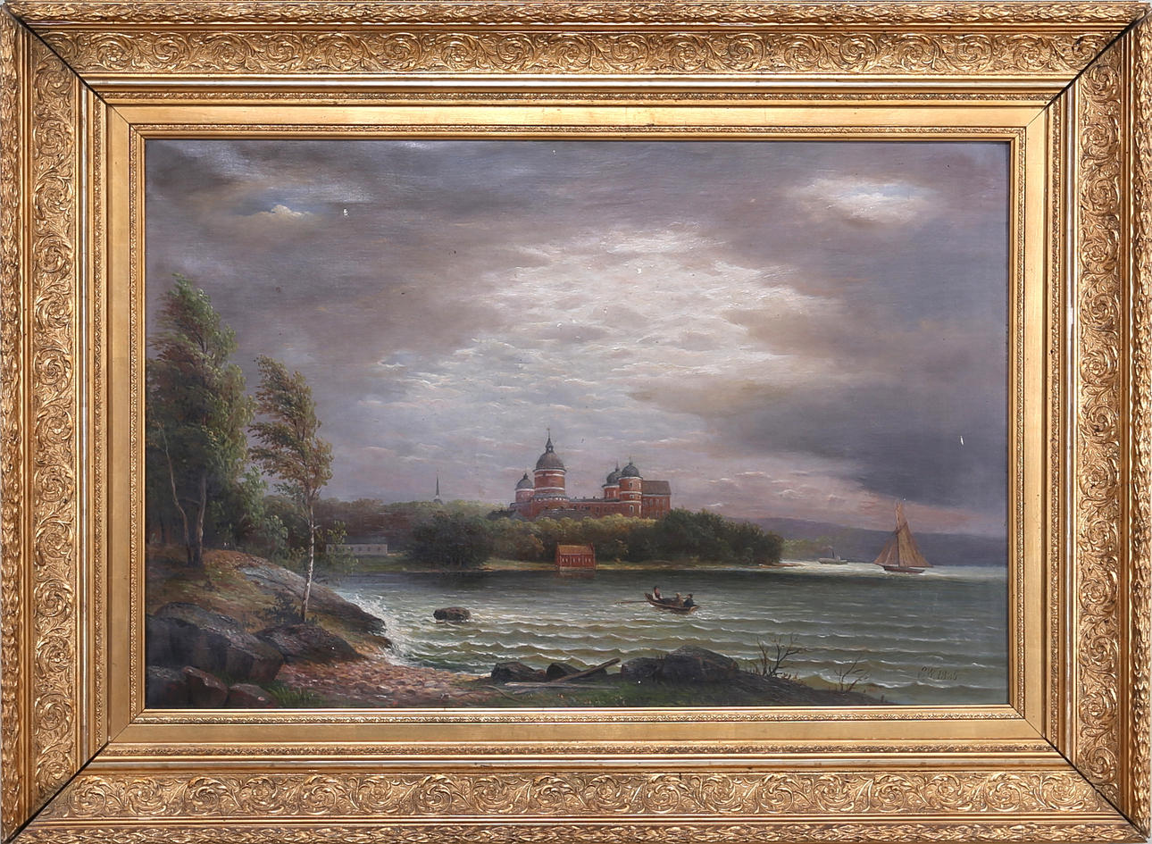 OIDENTIFIERAD KONSTNÄR. Läckö Slott, olja på duk signerad AW och daterad 1885.