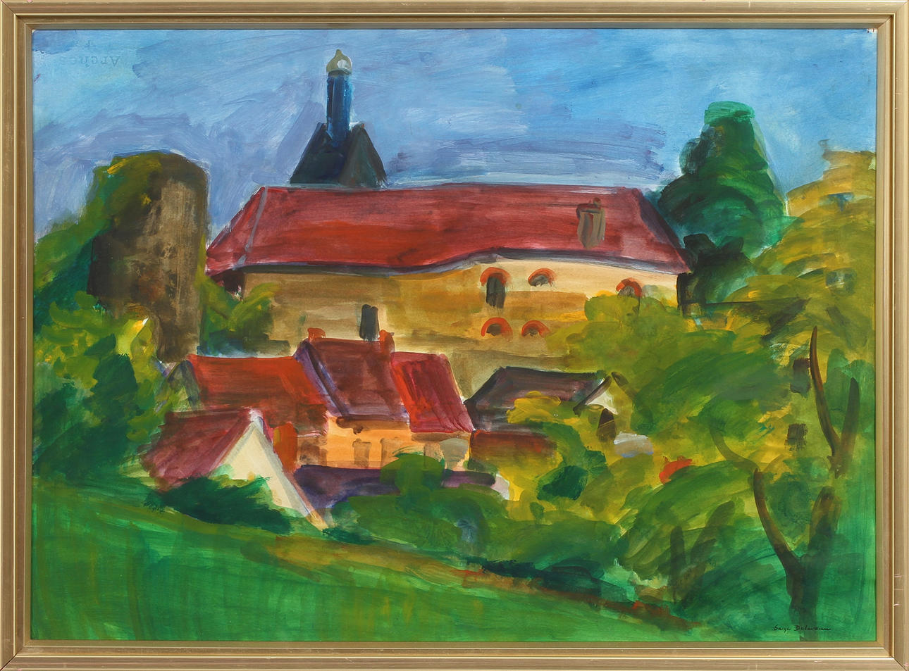 SERGE DELAVEAU. Landskap, gouache, signerad.