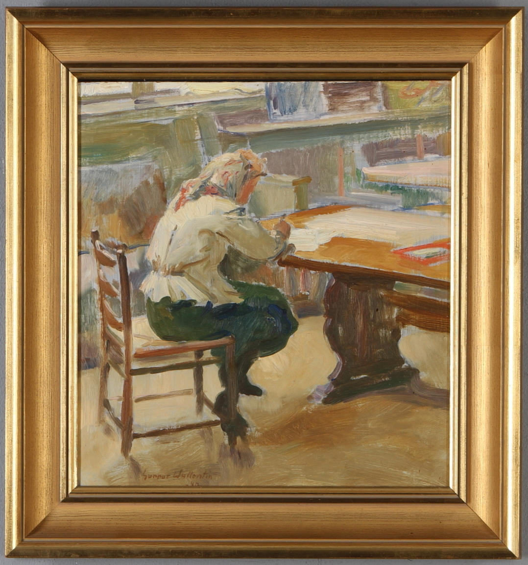 GUNNAR WALLENTIN. olja på pannå, interiör med kvinna, signerad samt daterad -40.