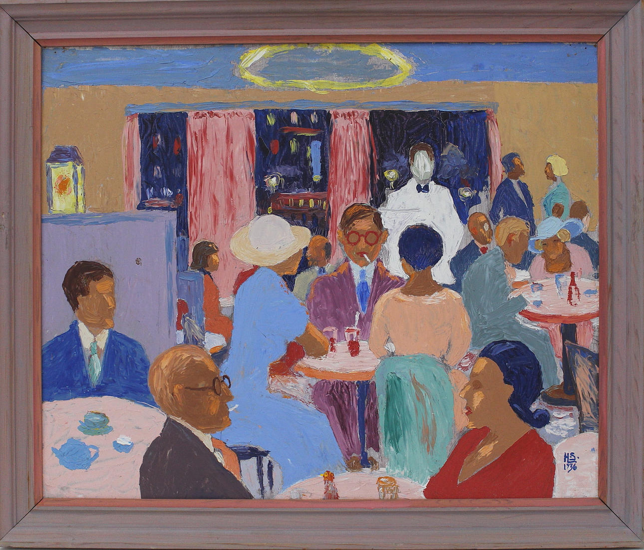 OIDENTIFIERAD KONSTNÄR. olja på pannå, Krogmiljö,monogramsingerad HL.S daterad 1936.