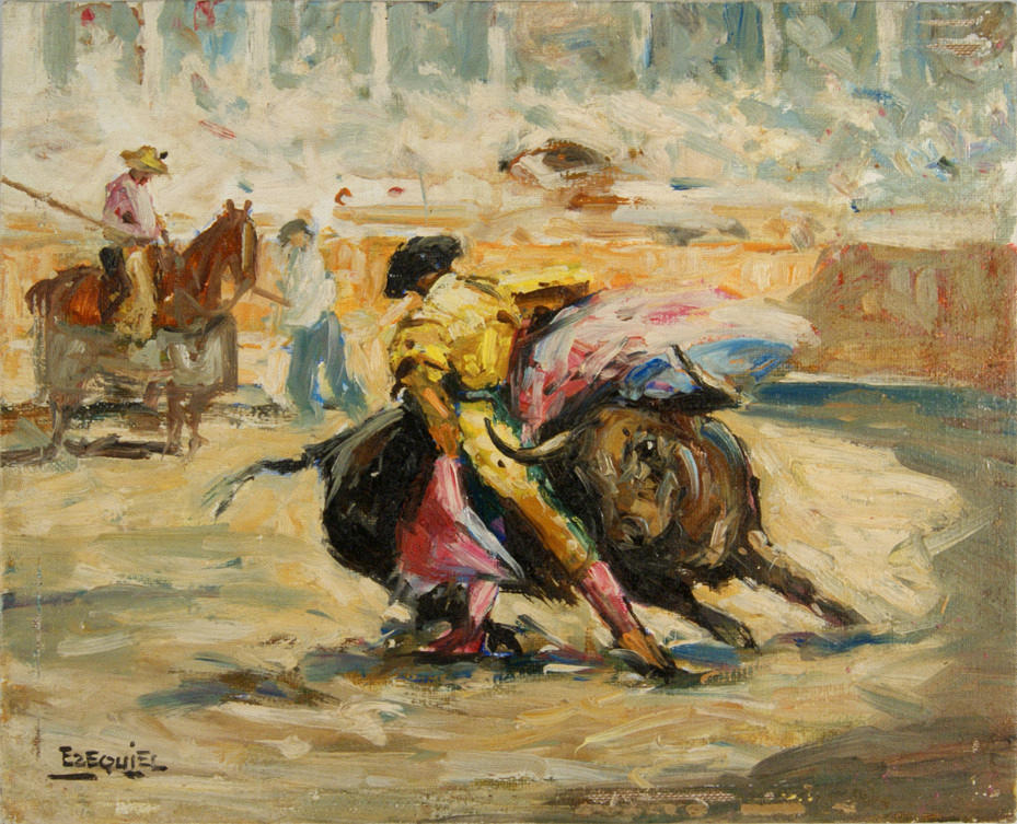 EZEQUIEL GARCIA LOPEZ (CUIDAD REAL 1940). I tjurfäktningsarena. olja/duk. 22 x 27 cm L. u. tecken.: Ezequiel. Oinramad.