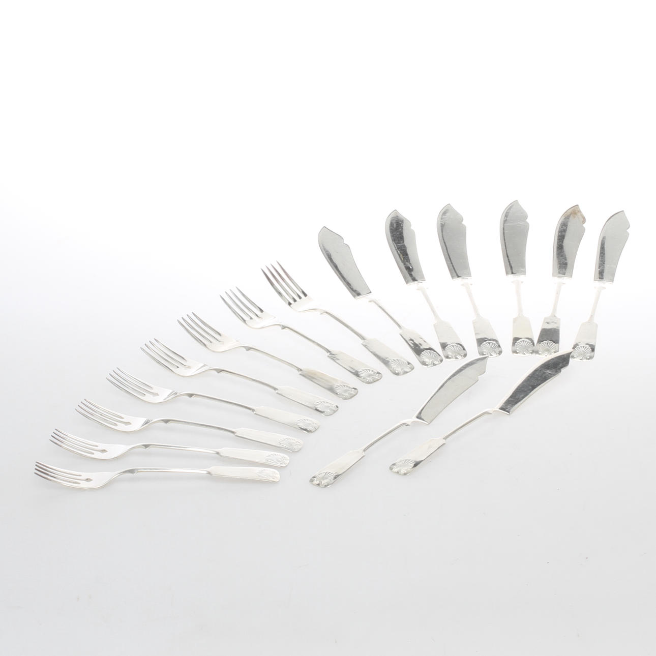FISKBESTICK 15 delar samt GAFFEL, silver, Hopeakeskus Oy, Hämeenlinna, Finland, 1900-tal.