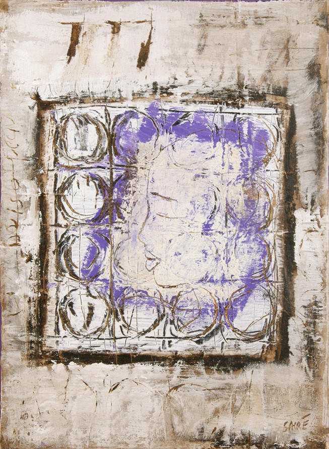 SACRÉ, JACQUELINE. ”Empreinte N. 316 ”. Blandteknik, olja/papper på duk. 44 x 32 cm R. u. tecken.: Sacre. Inramad under glas i full vy i en passe-partout.