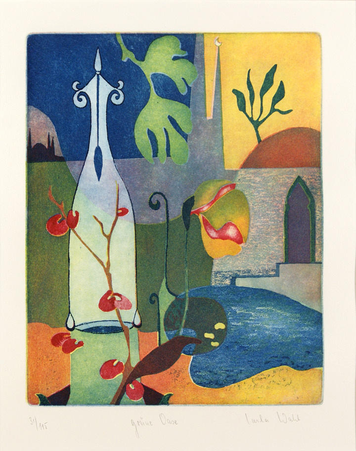 WAHL, CARLA. ”Grön oas”. Färgetsning/papper 26,5 x 21,3 cm R. u. bly tecken.: Carla Wahl. L. u. num.: 31/115. U.M. Betit.: grön oas. Inramad under glas i passe-partout.