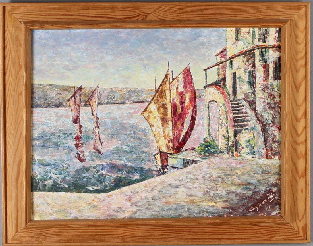 JAN SIGFRID ALFONS CARLSSON. Hamn med segelbåtar, olja på papp, signerad och daterad -76.