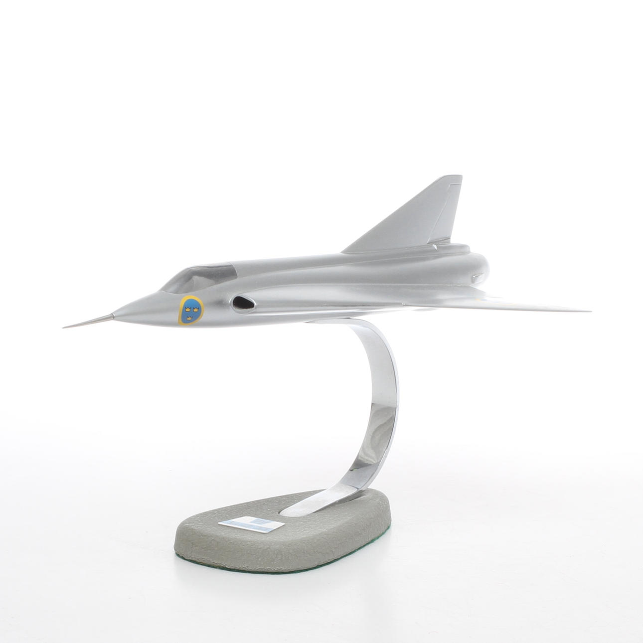 MODELLFLYGPLAN SAAB 35 DRAKEN. METALL på stativ. 1900-tal.