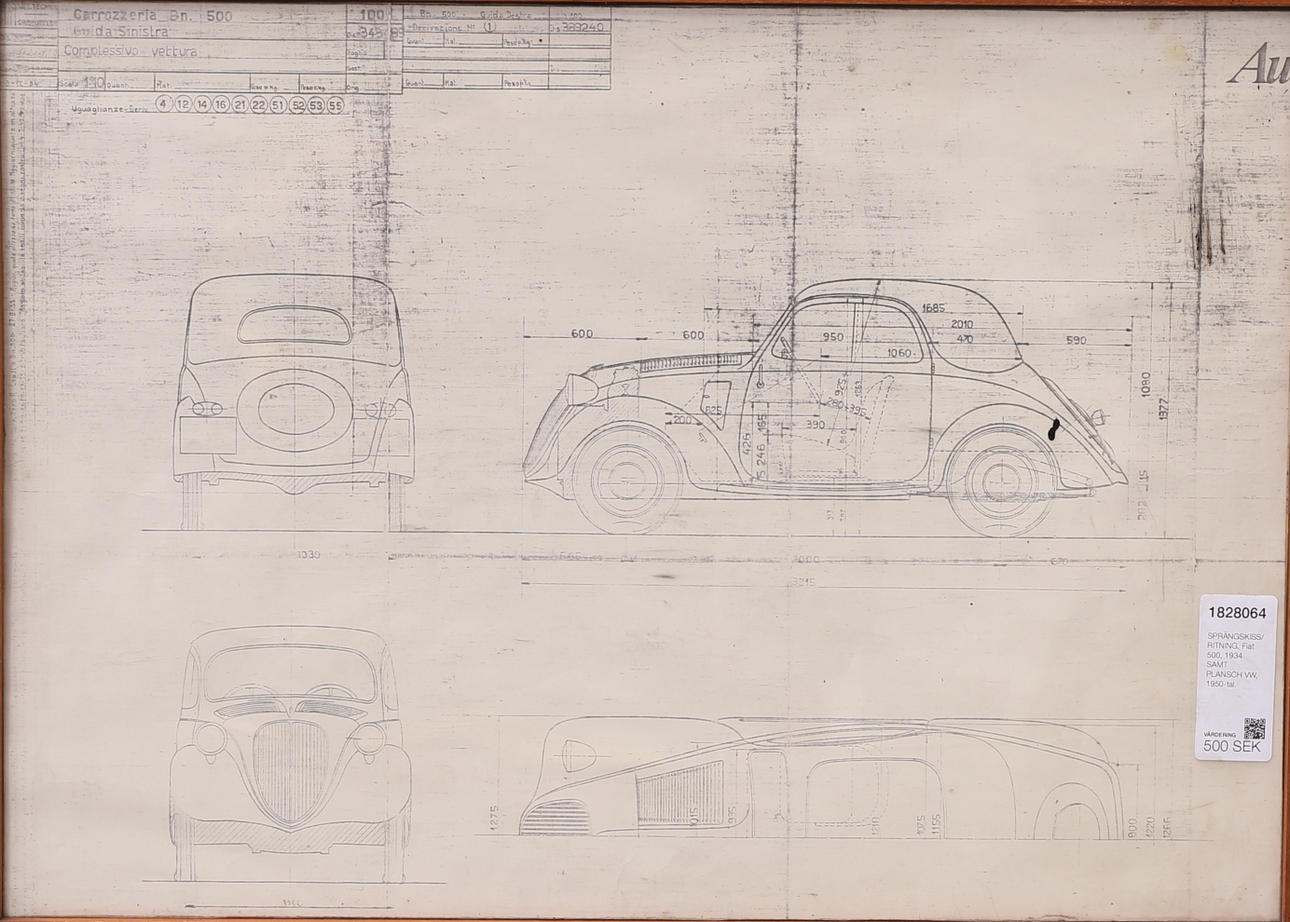 EXPLODED SKETCH/DRAWING, Fiat 500, 1934 AND PLANSCH VW, 1950s. Art