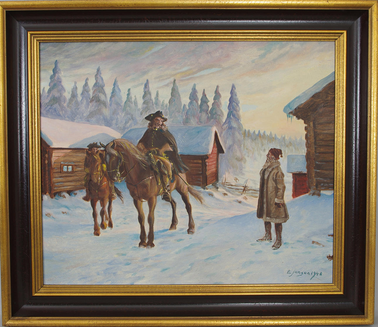 E. JANSON. Soldater i vinterlandskap, olja på pannå, signerad 1940.