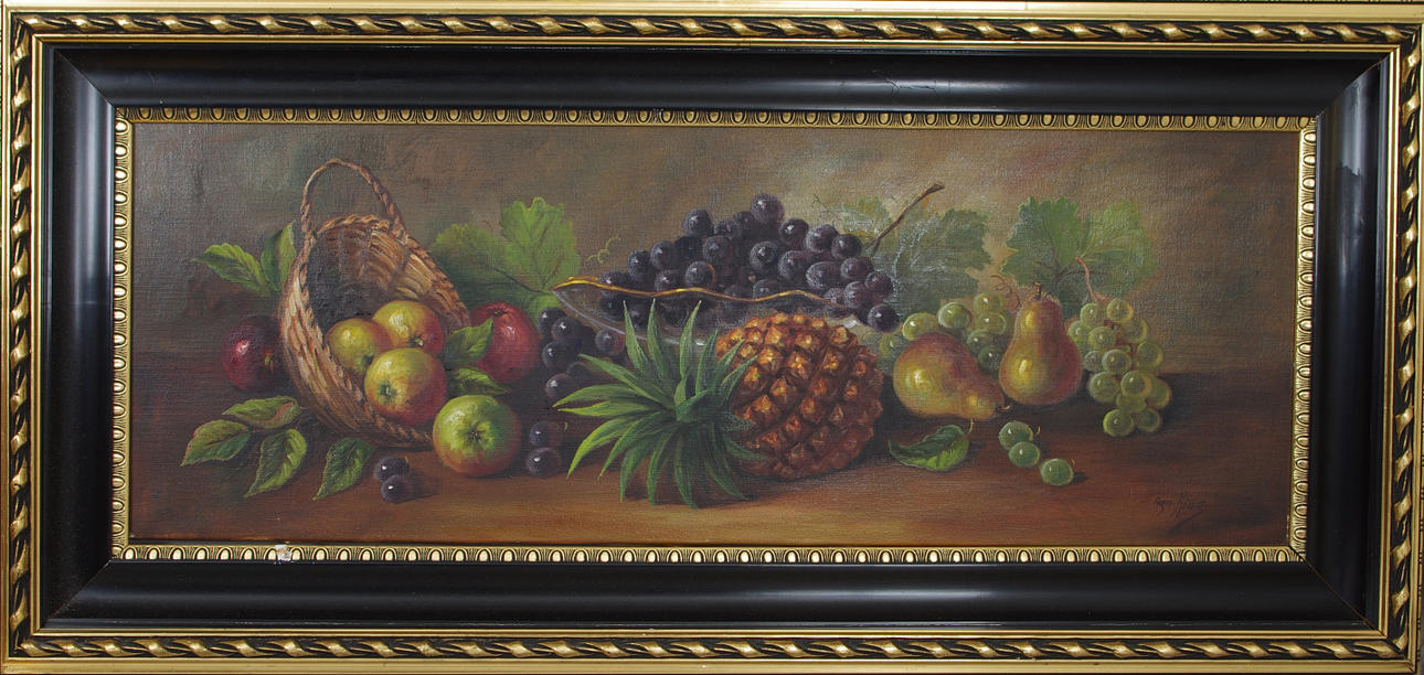 AGN KRAG. Fruktstilleben, olja på duk, signerad.