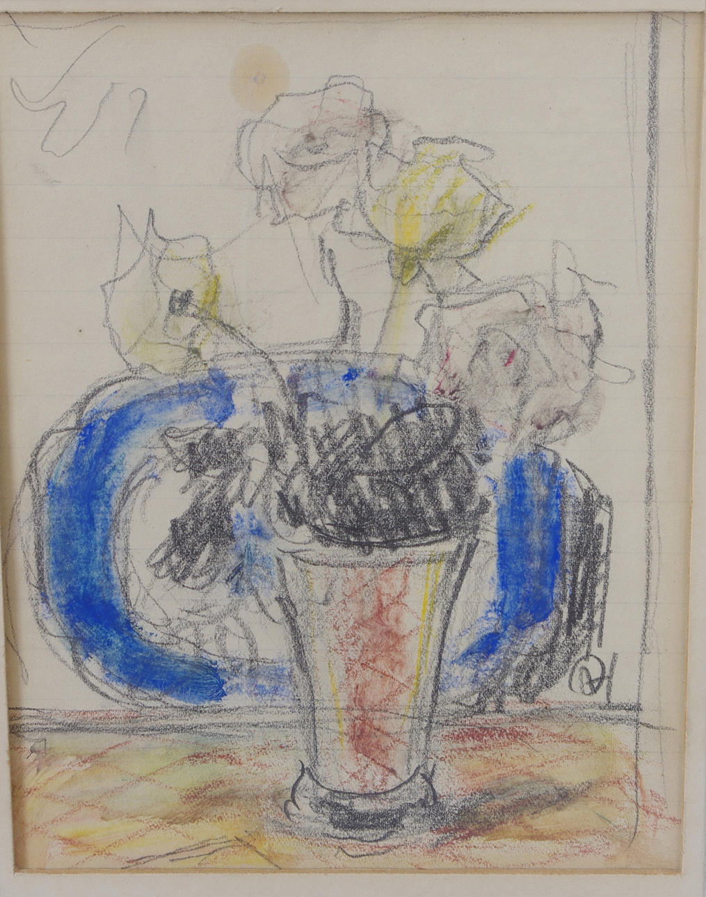 OLLE HJORTZBERG. Blommor i vas, teckning, monogramsignerad OH.