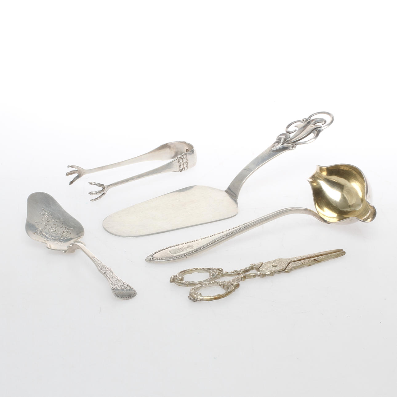 PARTI SILVER, 5 delar, bland annat tårtspade, såsslev, 1900-tal.