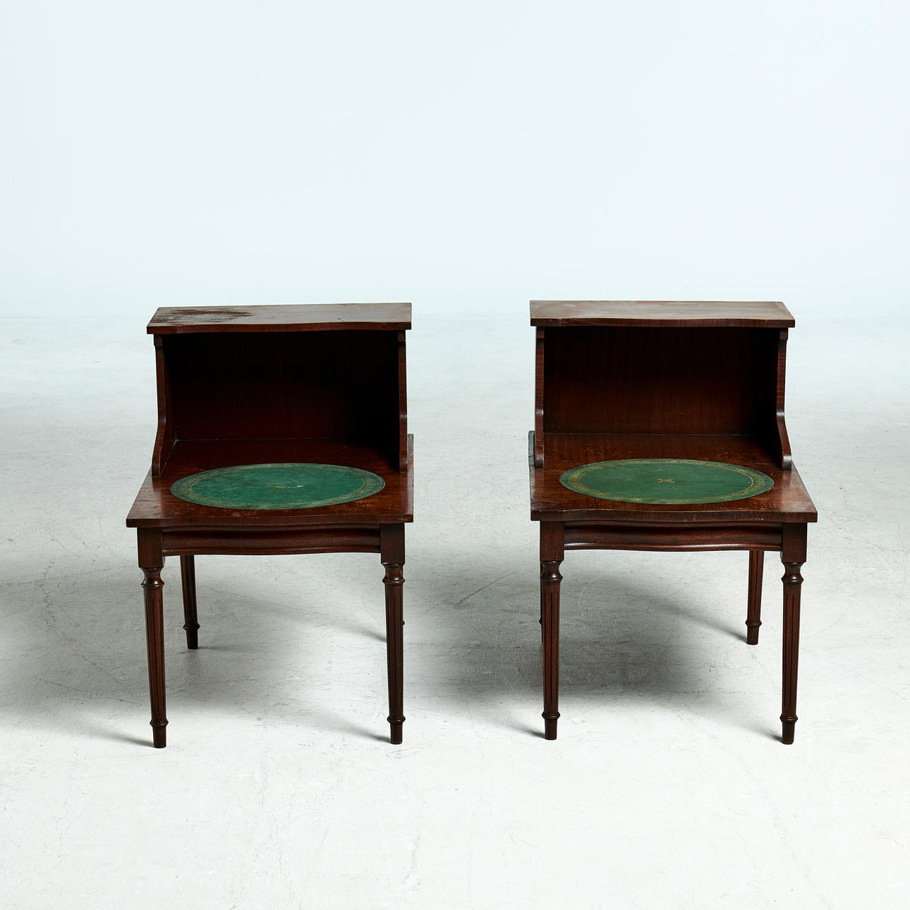 BEDSIDE TABLES, a pair. labeled Reprodux, England, mahogany frame ...