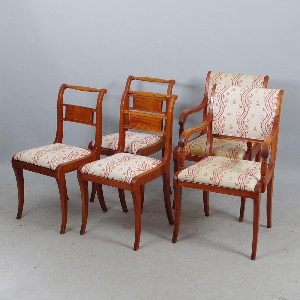 2 KARMSTOLAR SAMT 4 STOLAR, mahogny, empirestil.