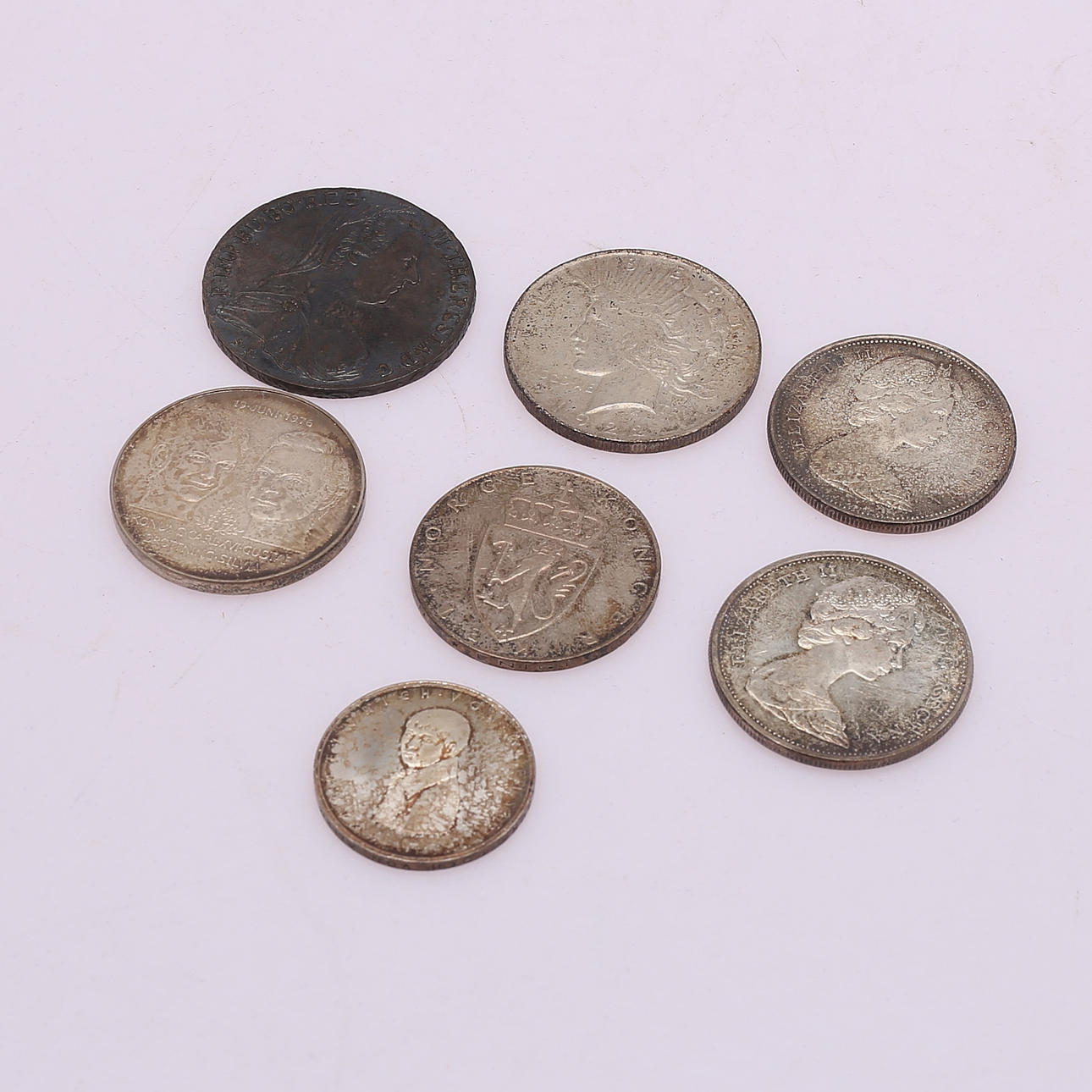 MONEDAS, 7 piezas, plata, diferentes países, peso fino aprox 134 gramos.