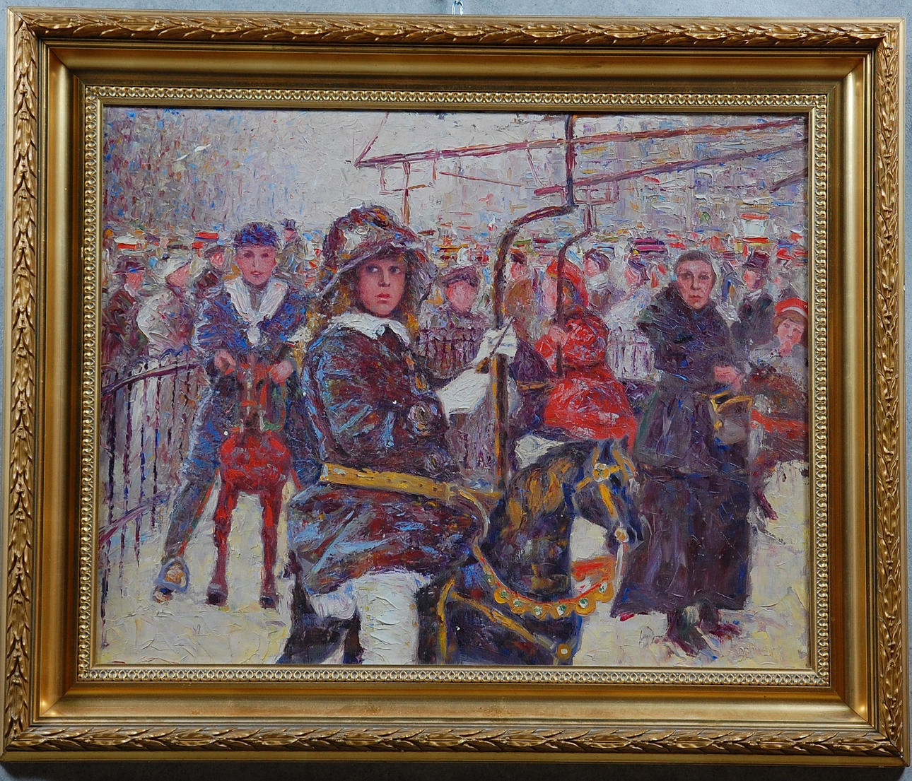 OIDENTIFIERAD KONSTNÄR. olja på duk, " Karusellen " otydligt signerad.