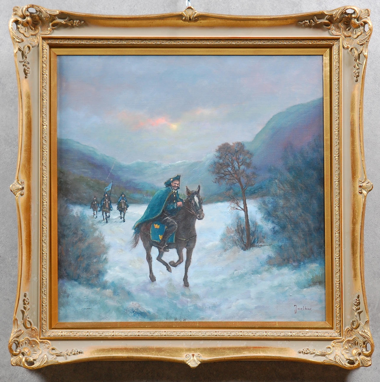 OIDENTIFIERAD KONSTNÄR. olja på duk, " Kavallerist i vinterlandskap " signerad Jarlhov.