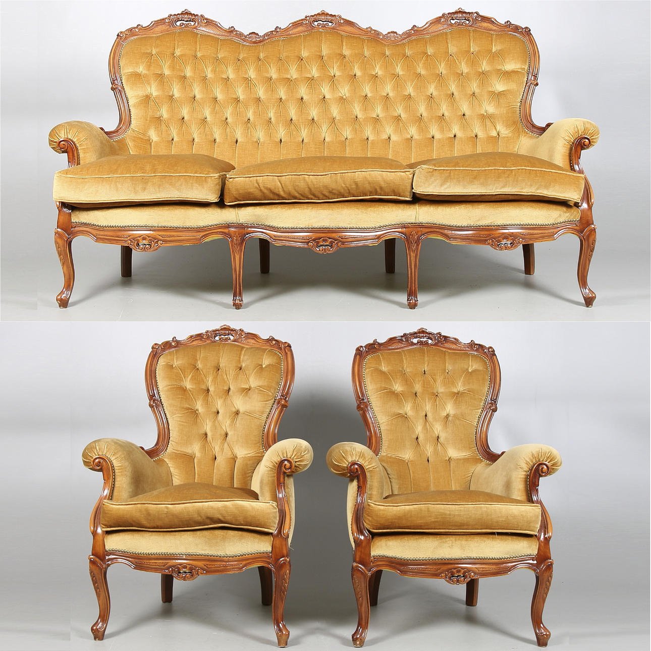SOFFA och FÅTÖLJER, 3 delar, rokokostil. 1900-talets andra hälft.