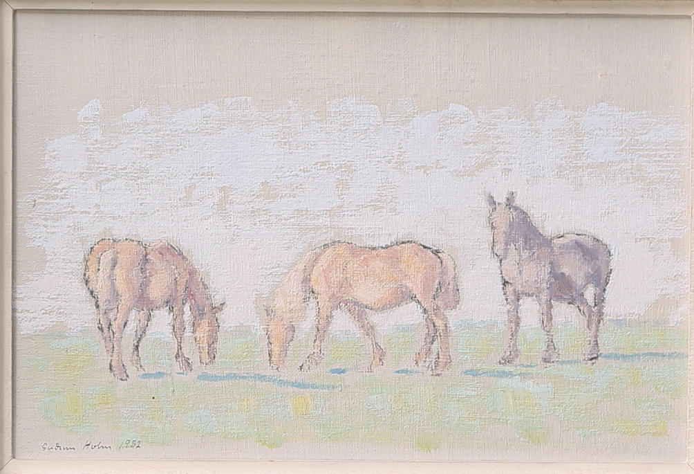 GUDRUN HOLM. Hästar på bete, olja på pannå, signerad o daterad Gudrun Holm 1952.