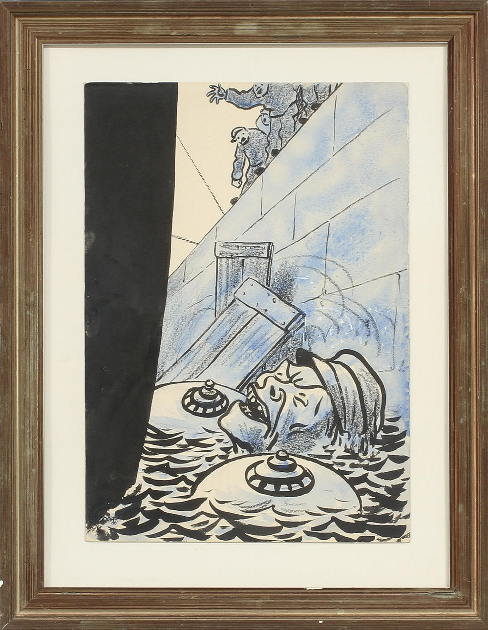 ALBERT ENGSTRÖM. "Sjåare i vattnet". Blandteknik. Med dedikation och underskrift a tergo.