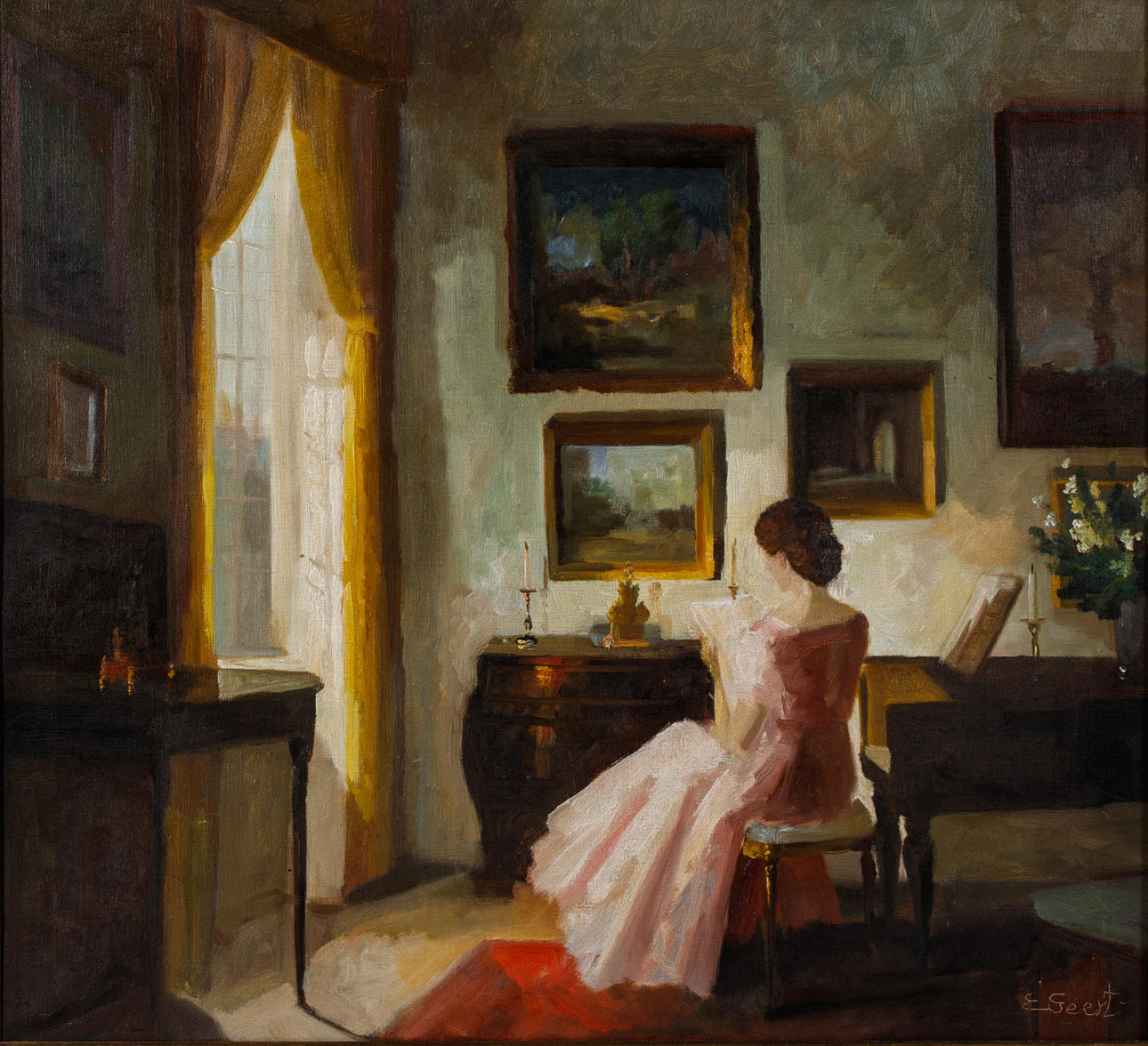 EDITH GEERT (1908-1993). Interiör med en Lady Reading.