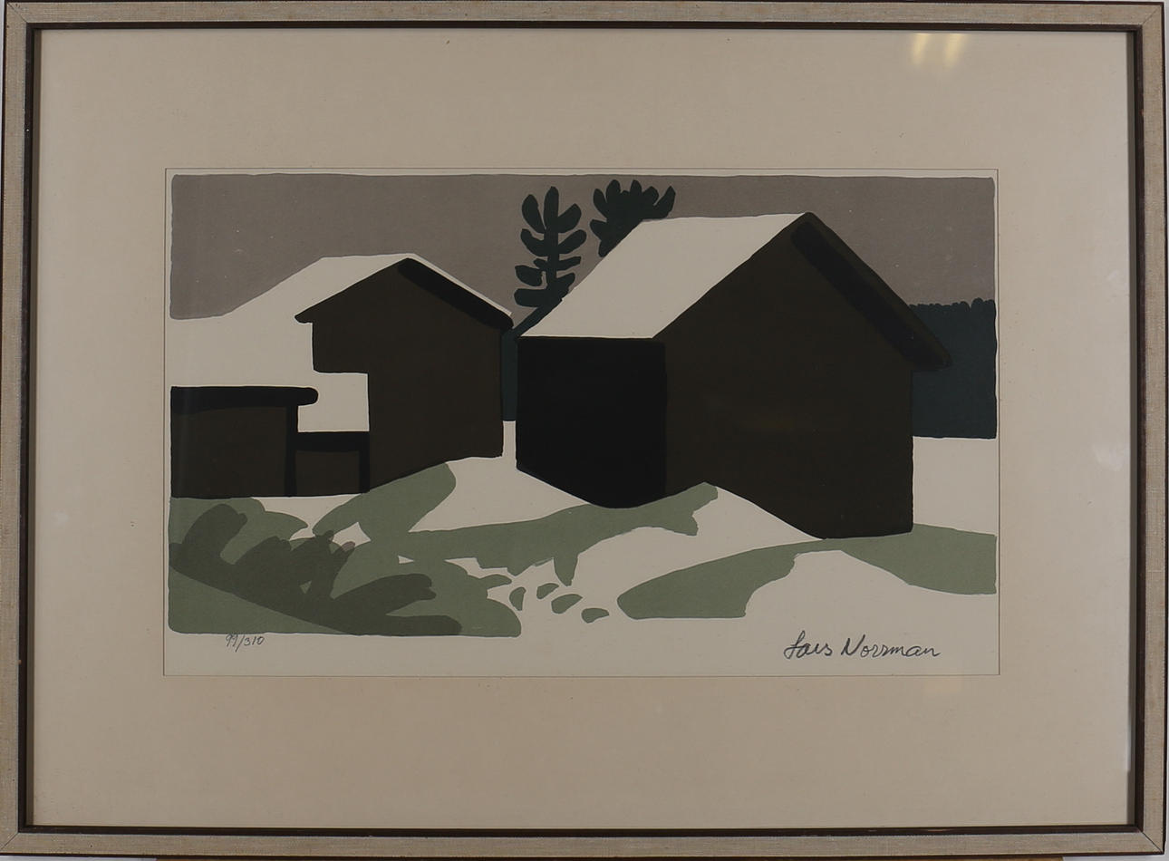LARS NORRMAN. Hus i vinterlandskap. Färglitografi. Signerad. 99/310.