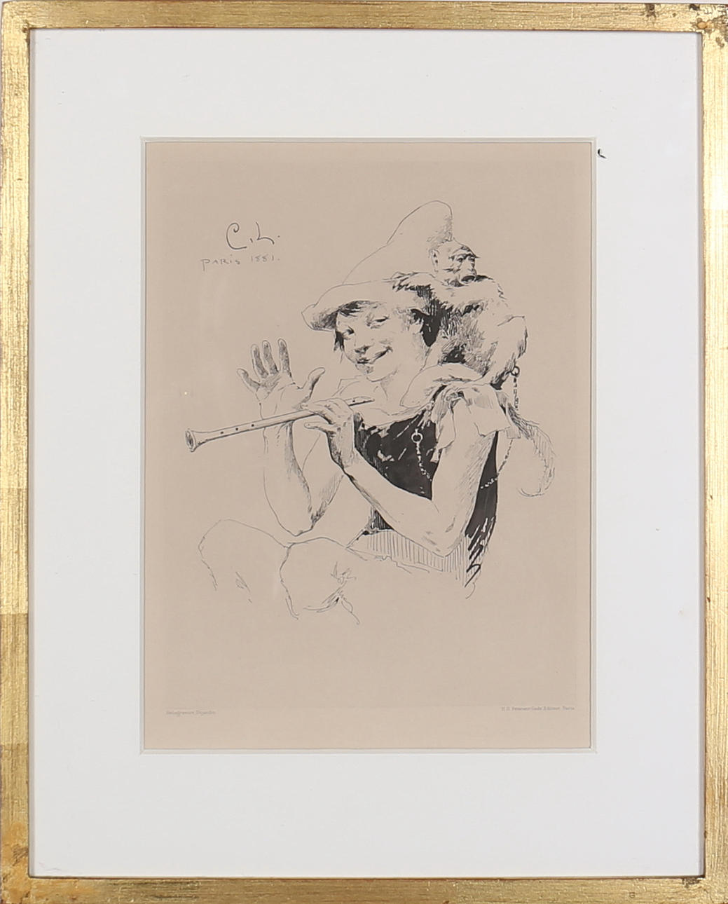 CARL LARSSON. Playing boy with monkey. Heliogravure Dujardin. Signed CL Paris 1881 in print.