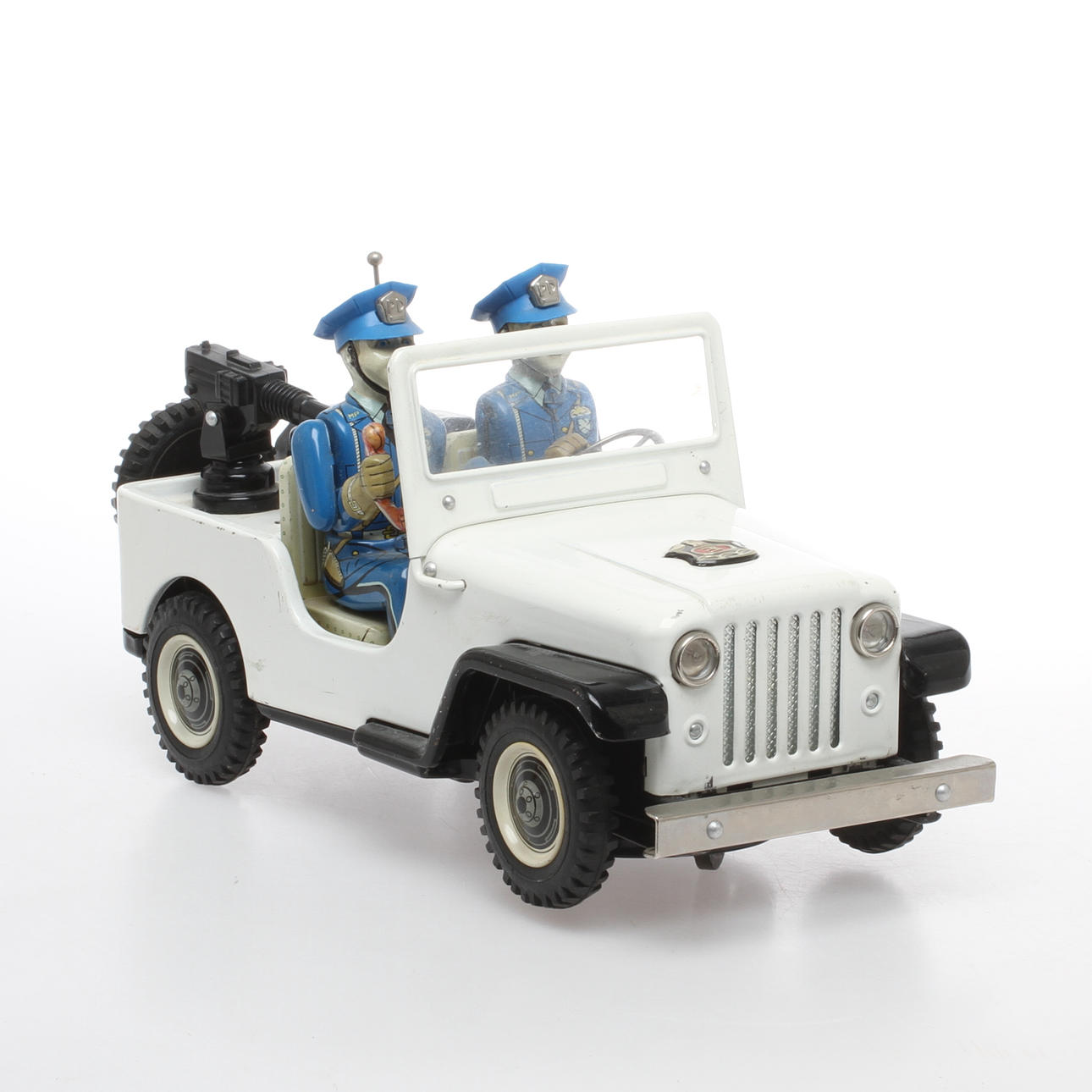 JEEP med polismän , radio och kanon. Vit plåt. TN JAPAN. Batteri.