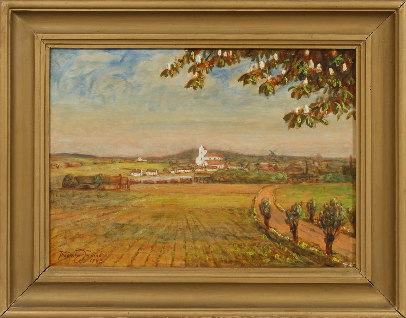 THEODOR JÖNSSON. "Vårdag i Dalby". Olja på pannå, signerad och daterad 1953.