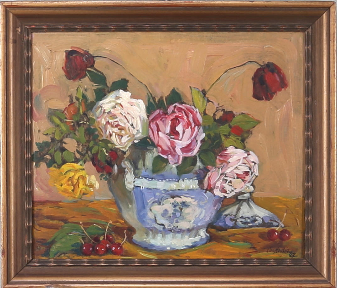 IWAN CONSTANTIN JOHANSSON. Stilleben med blommor o vas, olja på pannå, signerad o daterad Constantin 27.