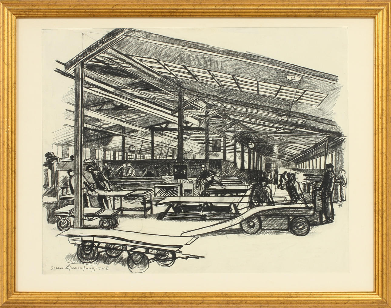 SVEN LJUNGBERG. I fabriken. Kolteckning, signerad och daterad 1948.